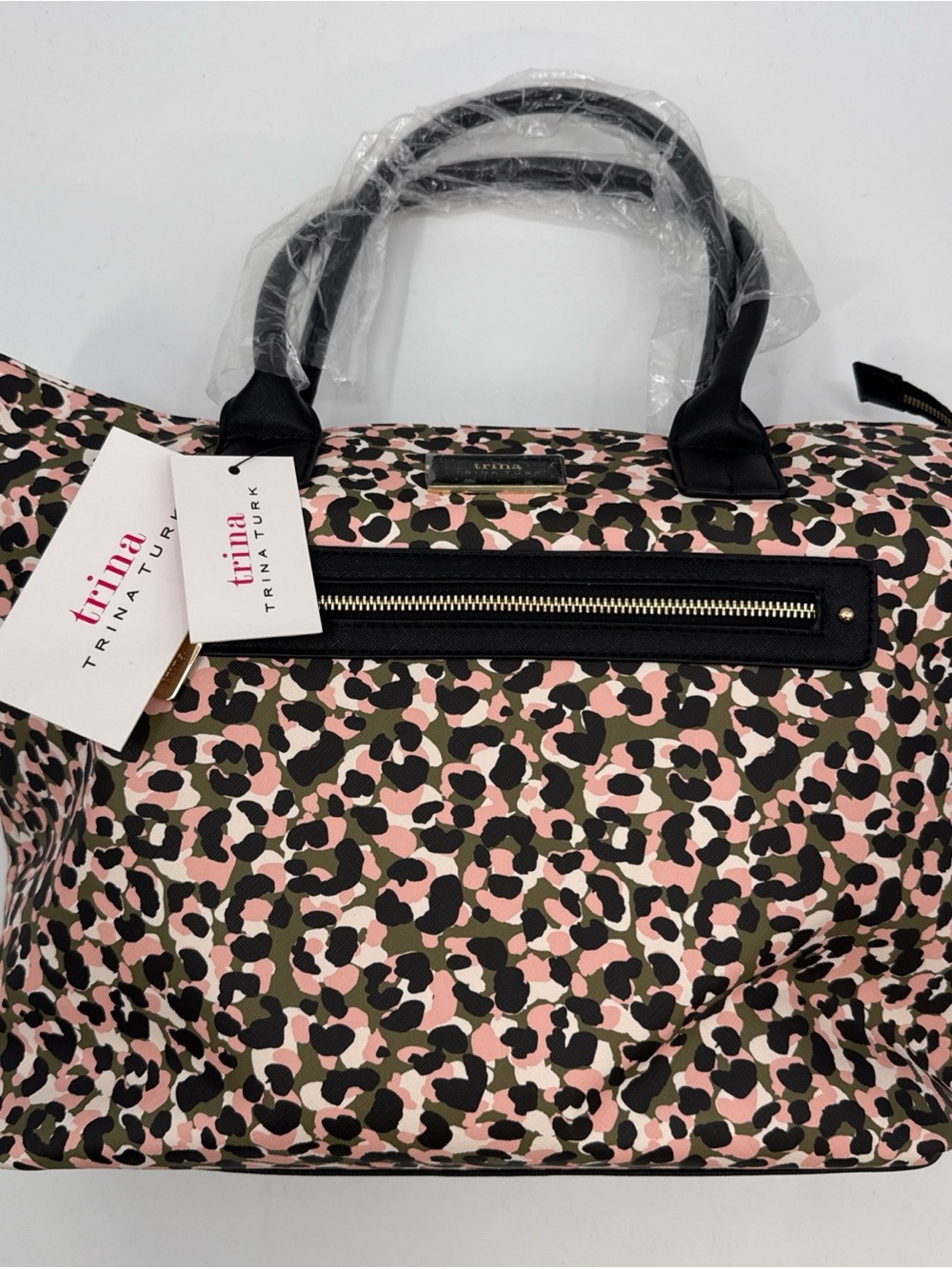 Trina Turk Pink Black and Tan Leopard-Print Tote